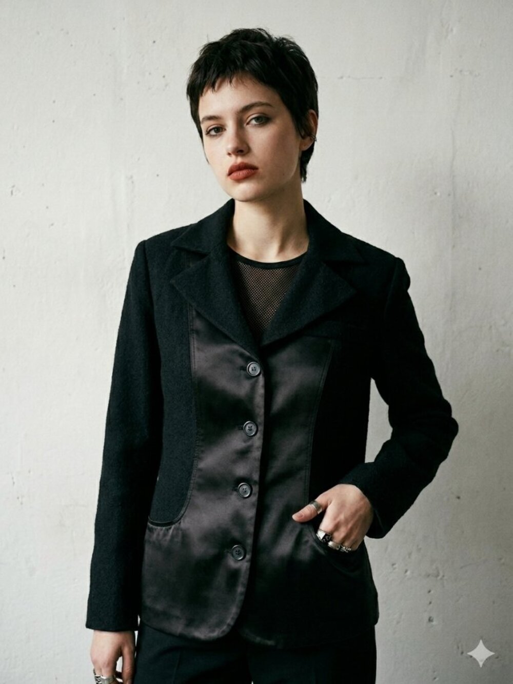 Vintage Taiga Black Mixed Media Blazer Silk Blend Panels Size 6 Made in USA